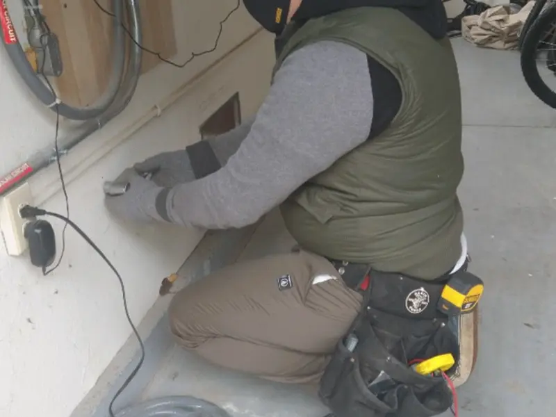 Electrician performing outlet wiring in a Cresco garage